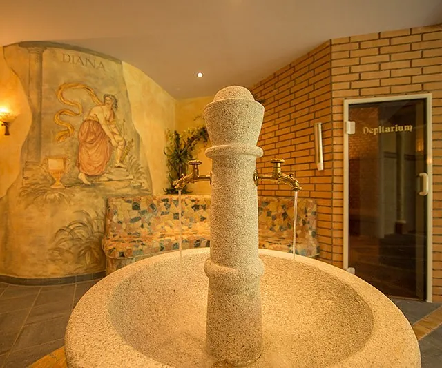 Steinbrunnen in einem Badezimmer mit Wandmalerei.